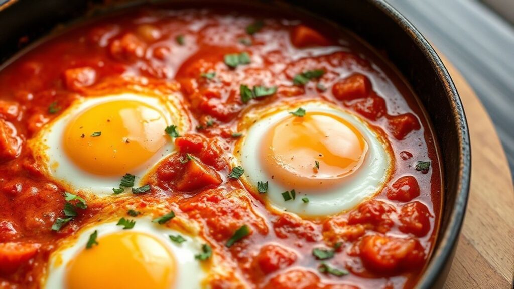 Creamy shakshuka with eggs in rich tomato sauce