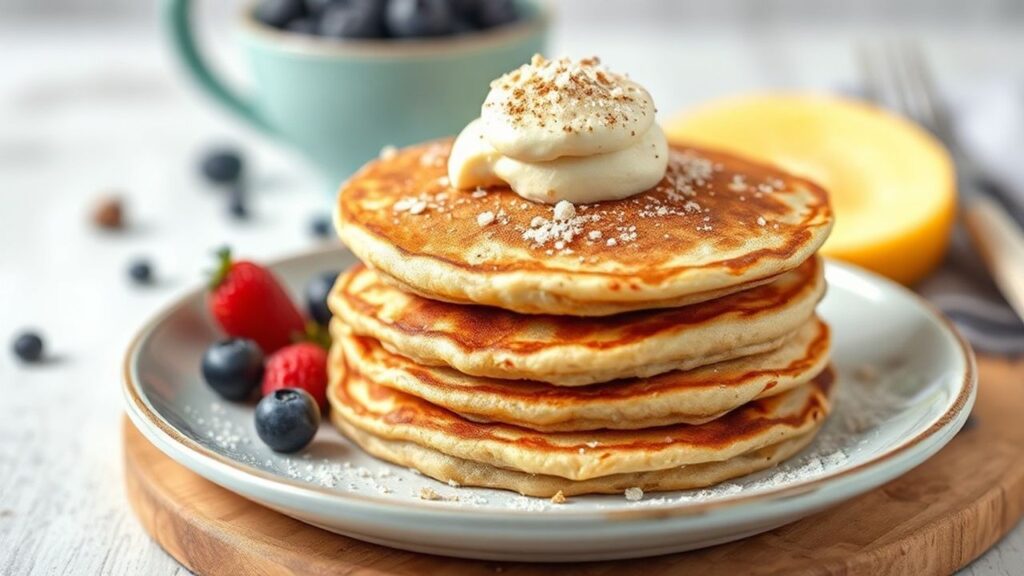 Fluffy vegan pancake stack with maple syrup and berries