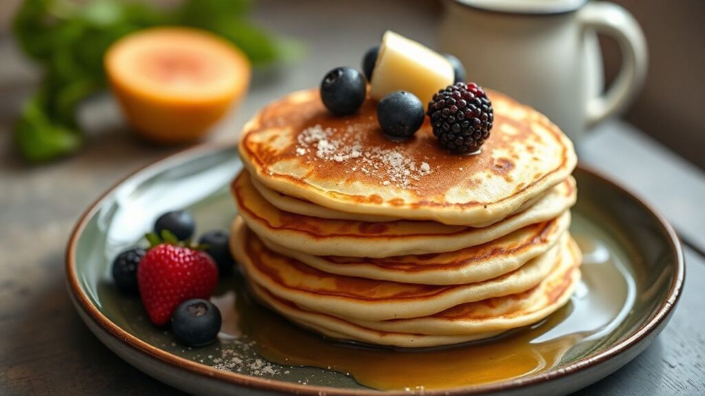 Vegan pancakes on a skillet, warm breakfast aroma