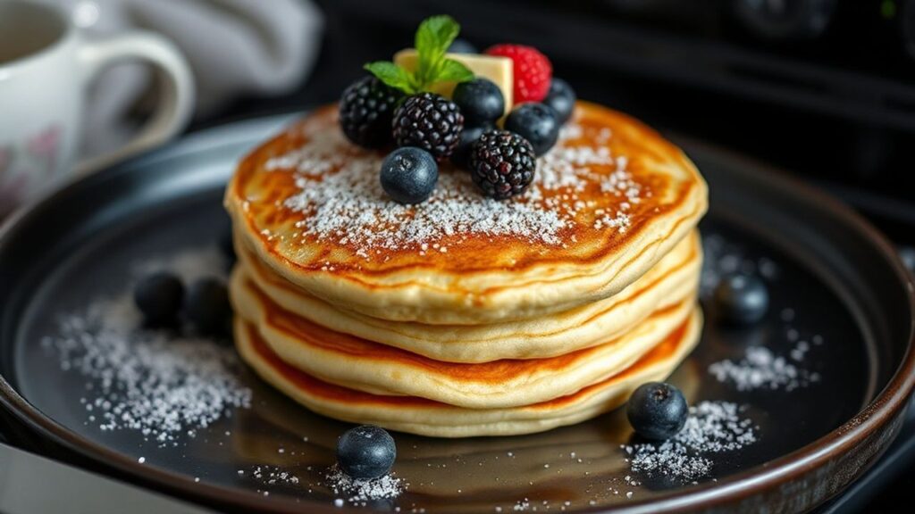 Vegan pancakes sizzling in a skillet, inviting breakfast aroma