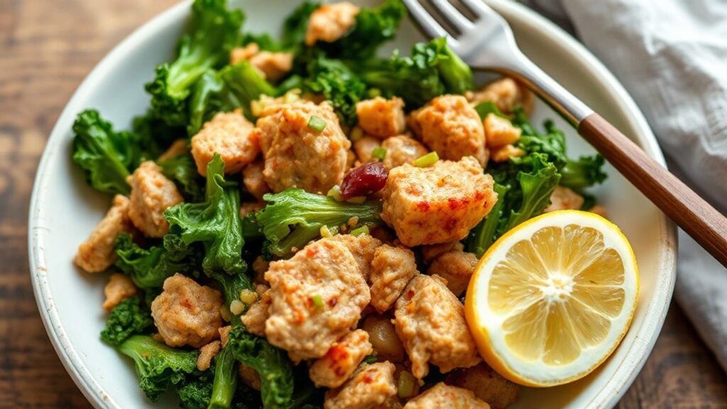 Colorful zesty turkey and kale stir-fry garnished with green onions and lime