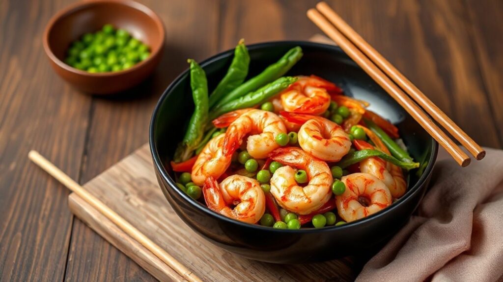 Speedy Shrimp Stir-Fry with Crisp Snow Peas Delight serving
