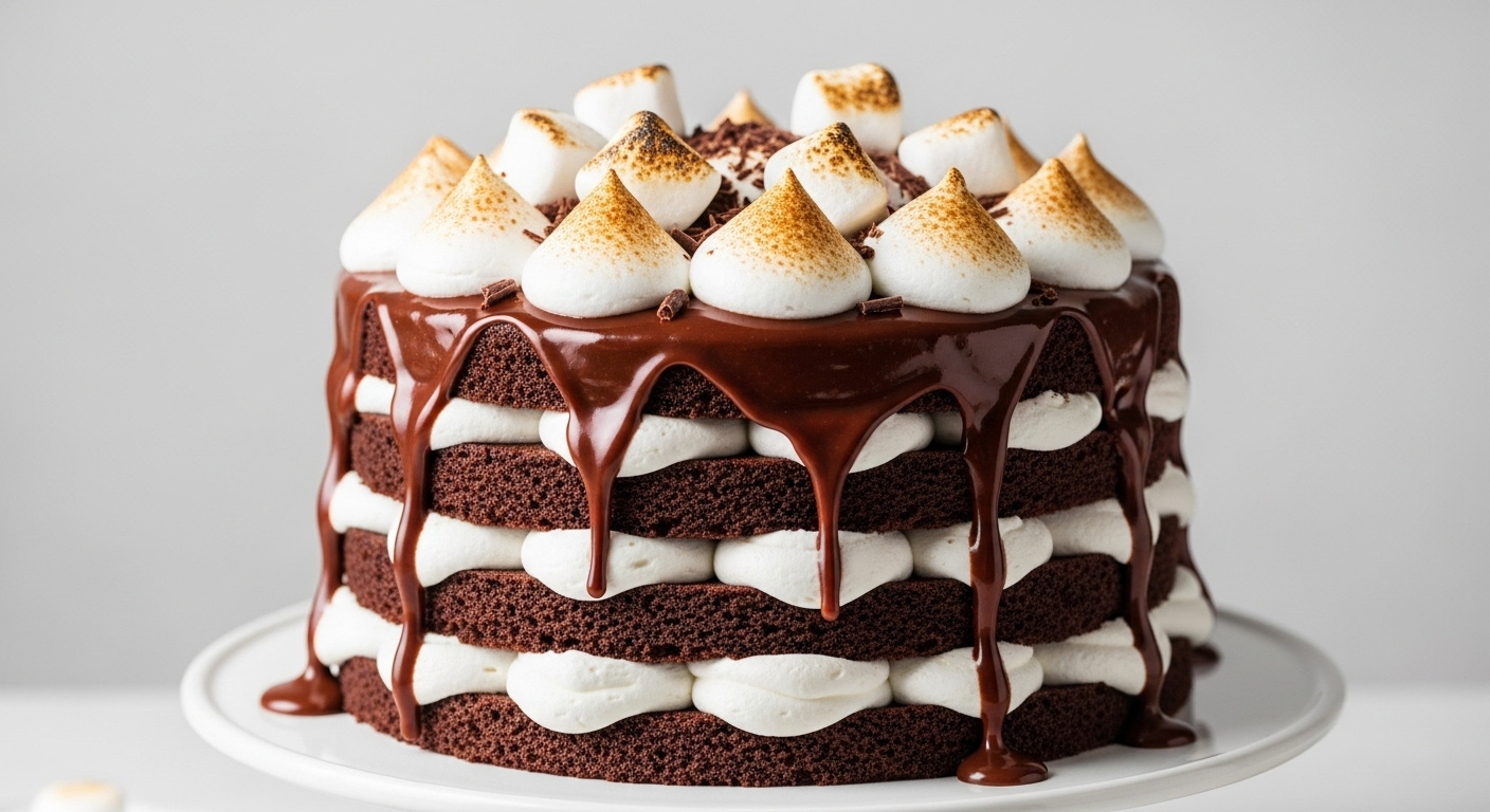 Decadent Hot Chocolate Layer Cake with Fluffy Marshmallow Frosting