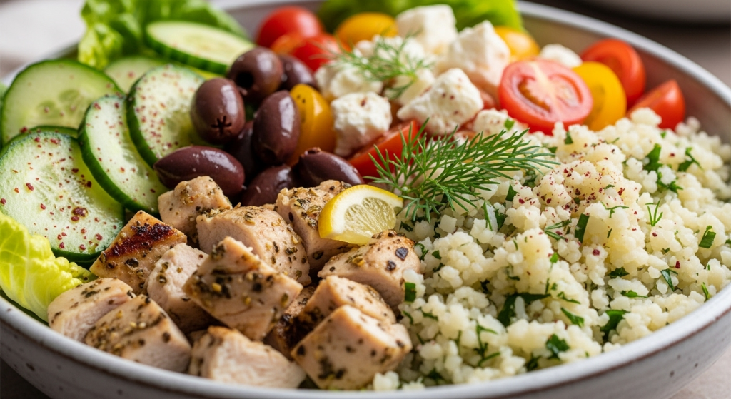 Fresh Easy Greek Chicken Salad Bowls with Flavorful Cauliflower Rice