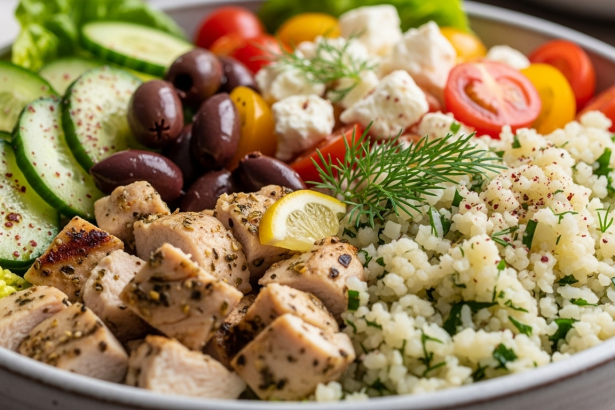 Fresh Easy Greek Chicken Salad Bowls with Flavorful Cauliflower Rice