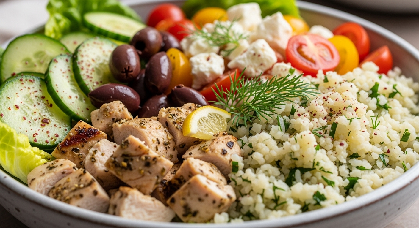 Fresh Easy Greek Chicken Salad Bowls with Flavorful Cauliflower Rice