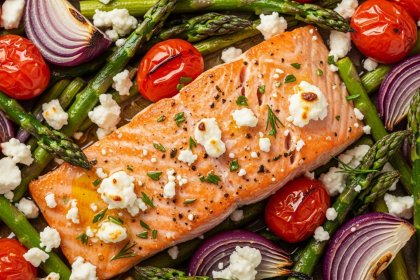One-Pan Greek Salmon & Veggies with Tangy Feta Delighti