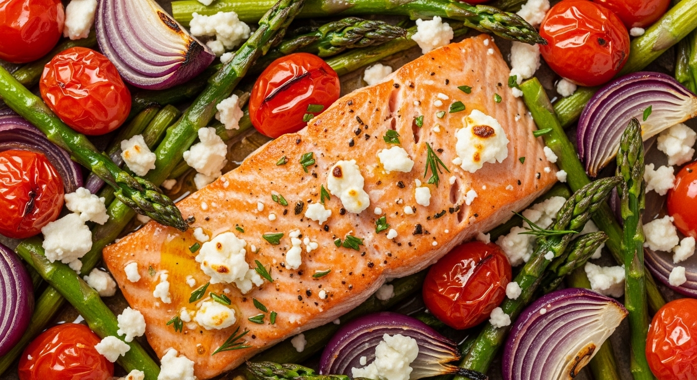 One-Pan Greek Salmon & Veggies with Tangy Feta Delighti