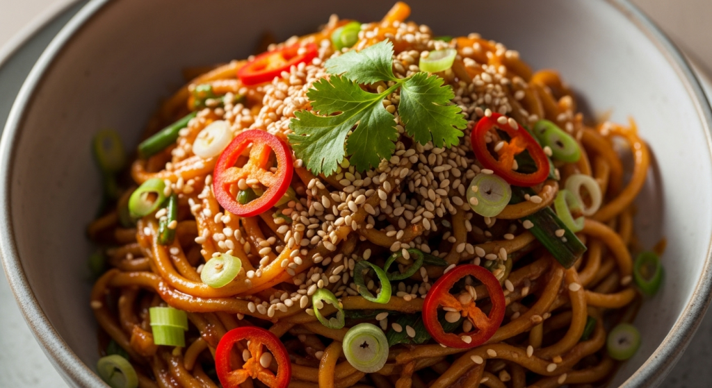 Quick Fiery Sesame Noodles: Savory Meatless Sauce