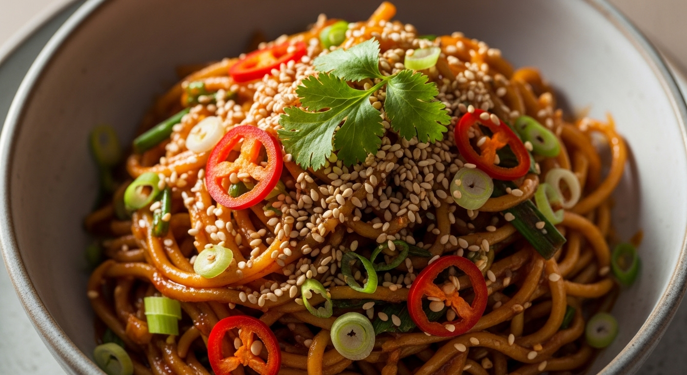 Quick Fiery Sesame Noodles: Savory Meatless Sauce