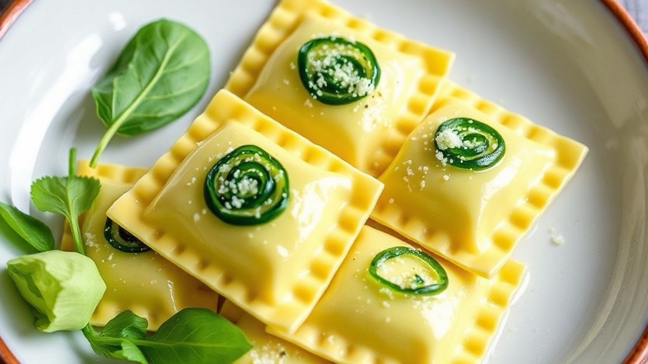 رافيولي شرائح الكوسا محشو ريكوتا وسبانخ مُقدم بشهية على طبق