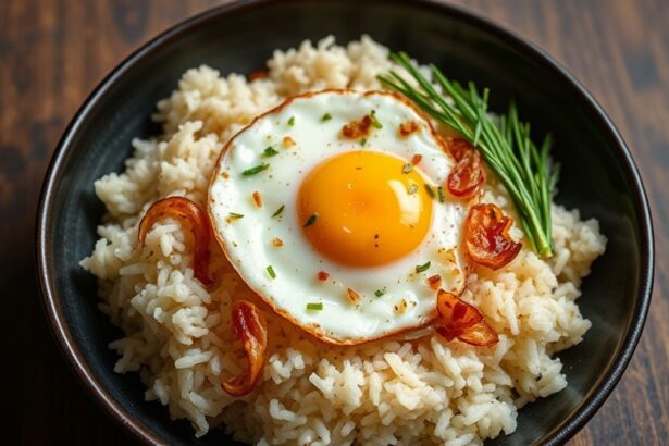 Wok of fragrant fried rice topped with crispy shallots and scrambled egg.