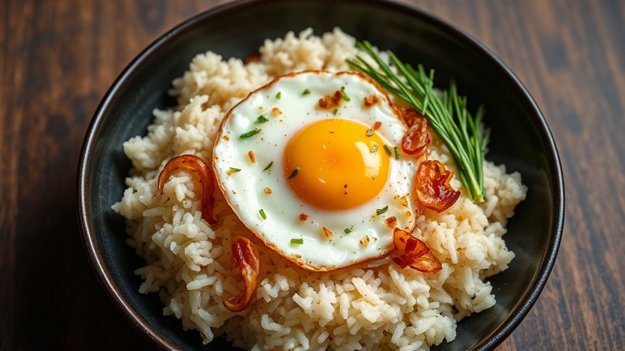 Wok of fragrant fried rice topped with crispy shallots and scrambled egg.