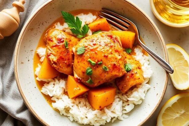 دجاج مطبوخ بجوز الهند والمانجو الاستوائي، طبق ملون وغني بالنكهات