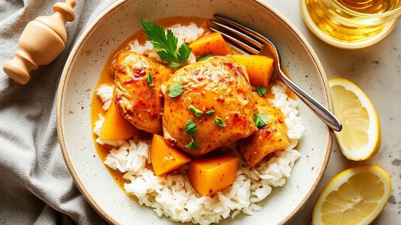 دجاج مطبوخ بجوز الهند والمانجو الاستوائي، طبق ملون وغني بالنكهات