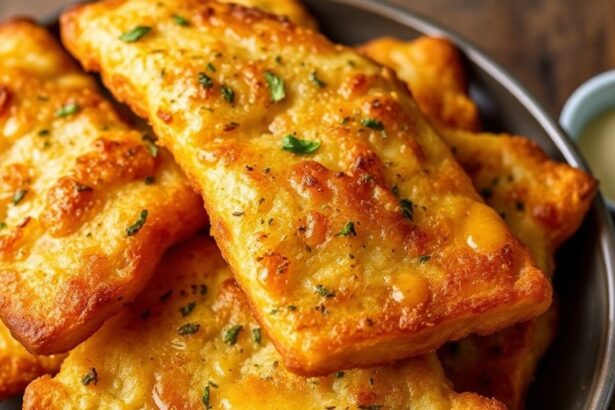 Golden garlic-herb lángos on plate: crispy Fried Bread topped with herbs and garlic.