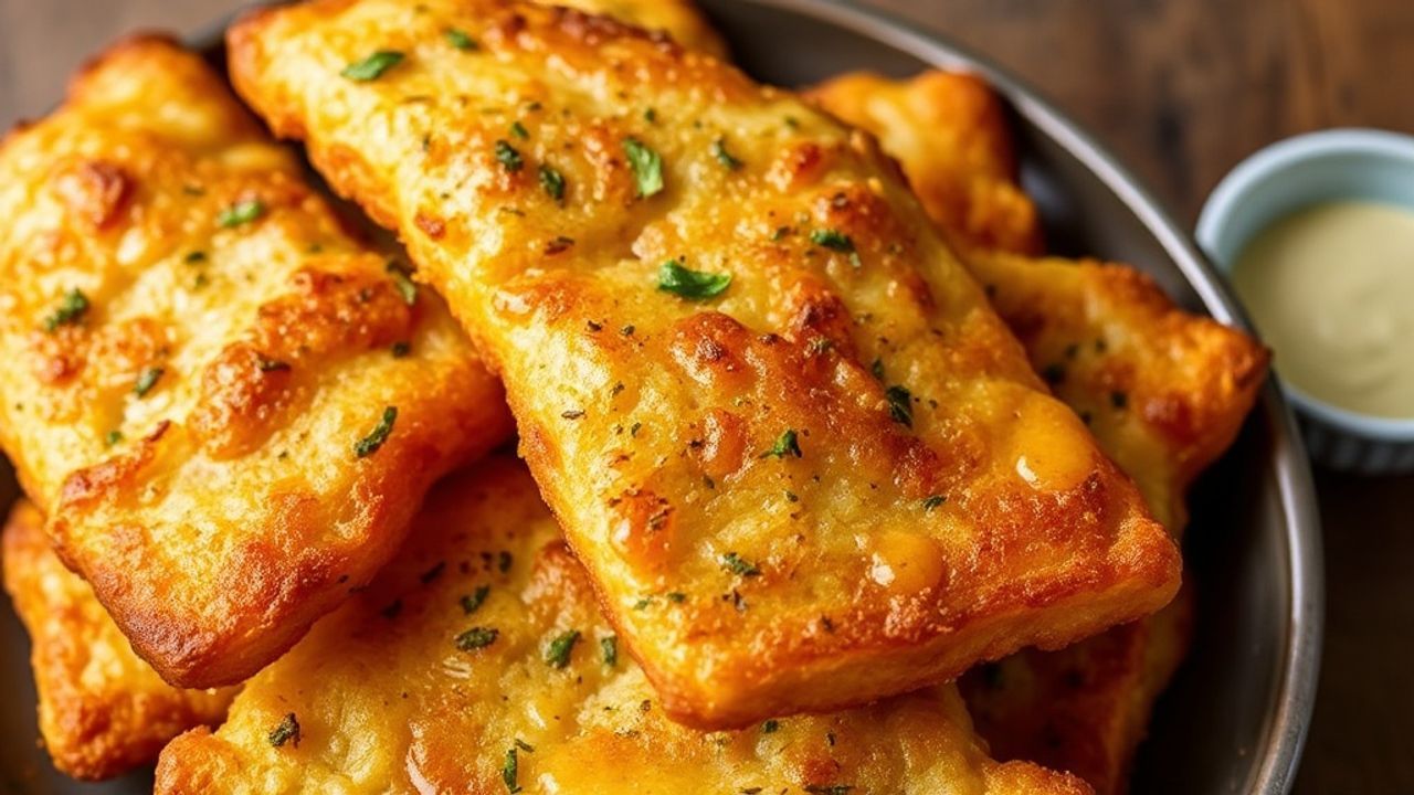 Golden garlic-herb lángos on plate: crispy Fried Bread topped with herbs and garlic.