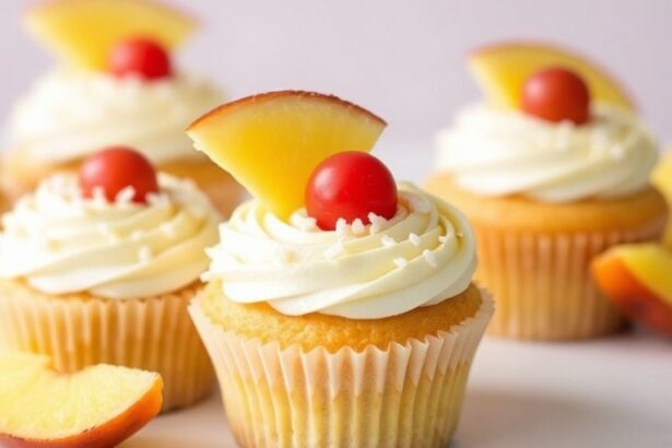 Tropical cupcakes garnished with pineapple and coconut, pina colada flavors suggested