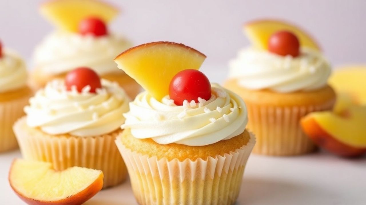 Tropical cupcakes garnished with pineapple and coconut, pina colada flavors suggested