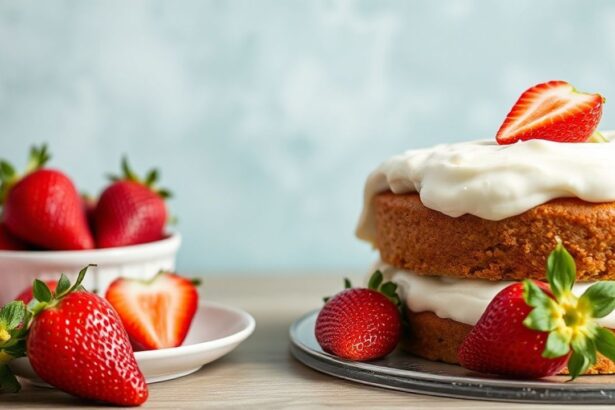 كيك فراولة لذيذ خالٍ من البيض، مغطى بكريمة وشرائح فراولة
