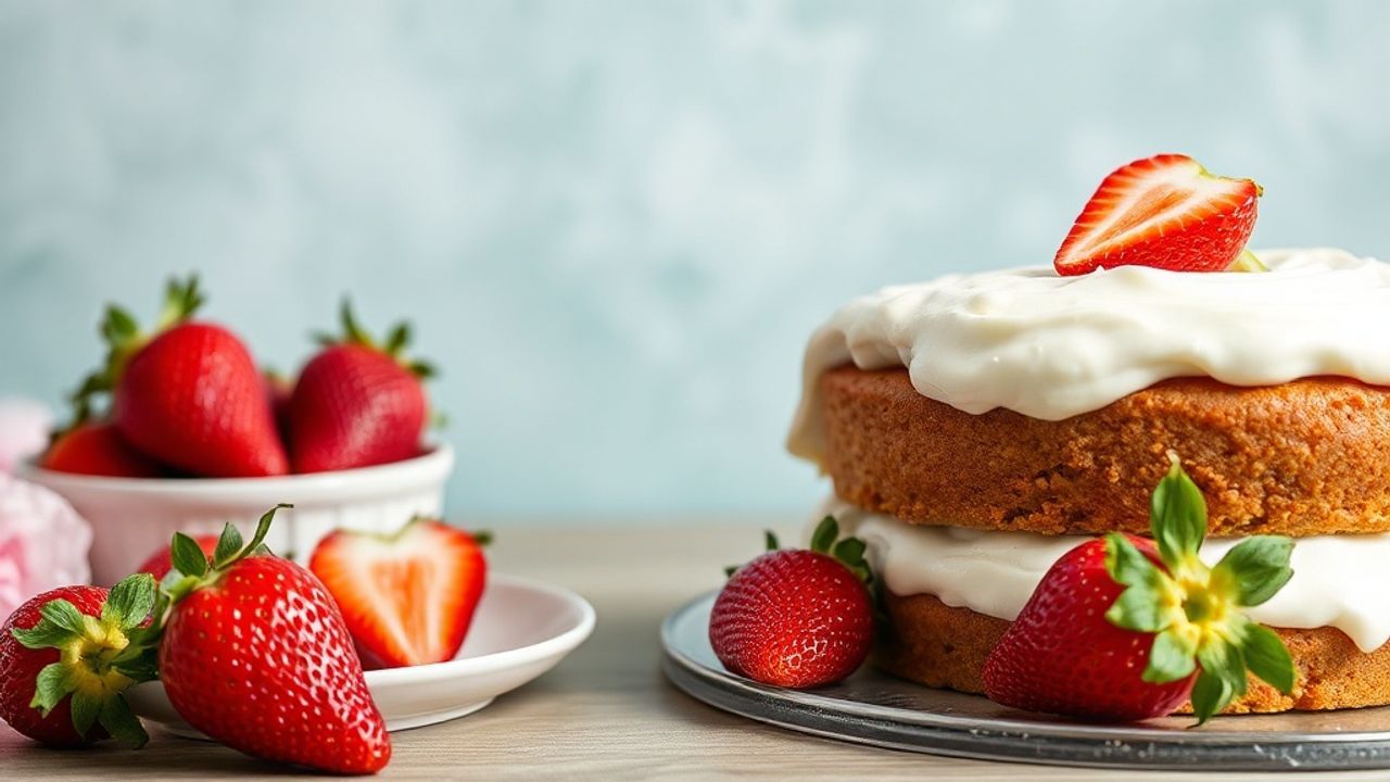 كيك فراولة لذيذ خالٍ من البيض، مغطى بكريمة وشرائح فراولة