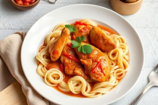 Hearty Chicken Paprikash in a rustic bowl with paprika, sour cream, and dumplings