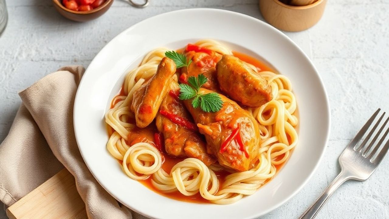 Hearty Chicken Paprikash in a rustic bowl with paprika, sour cream, and dumplings