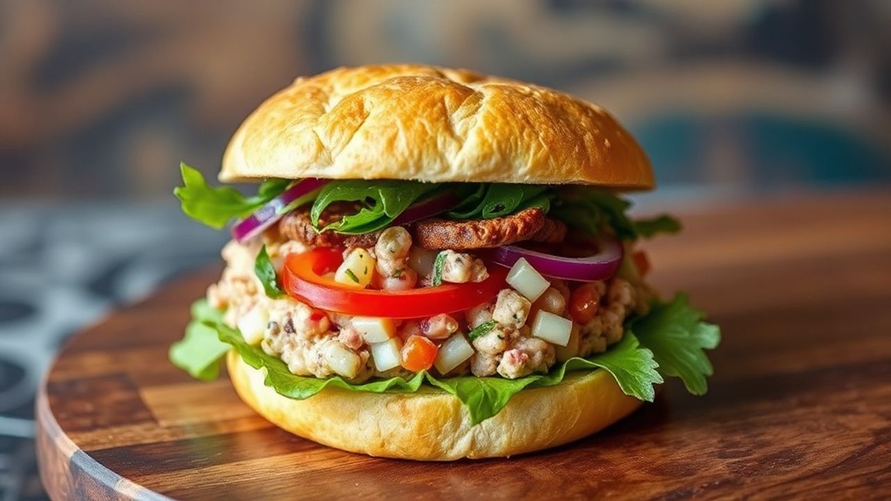 سندويش مففليتا نباتي ملون محشو بسلطة زيتون نابضة بالنكهة