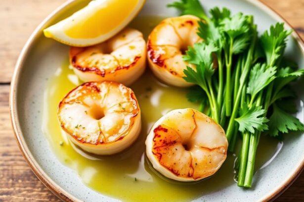 Pan-Seared Scallops glazed in zesty yuzu butter, served hot in a skillet.