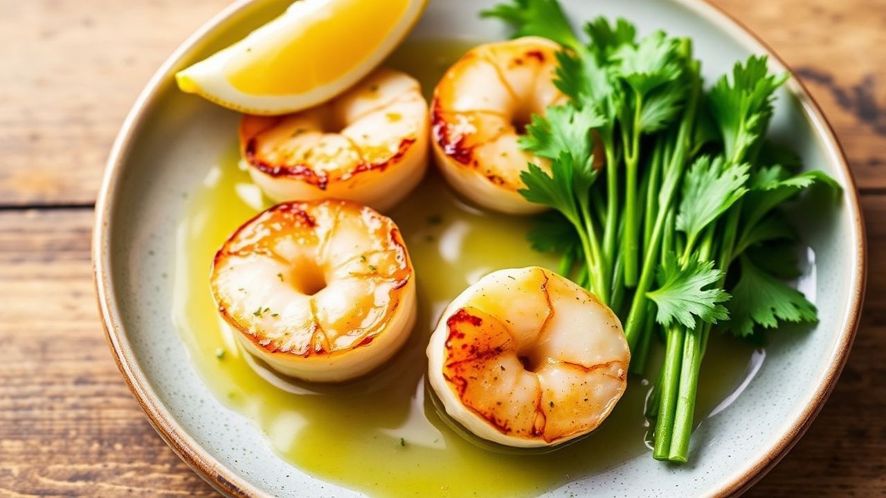 Pan-Seared Scallops glazed in zesty yuzu butter, served hot in a skillet.