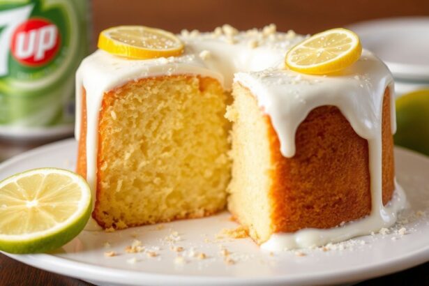 Zesty 7-Up pound cake with sparkling citrus glaze, golden crumb, and fresh lemon slices.