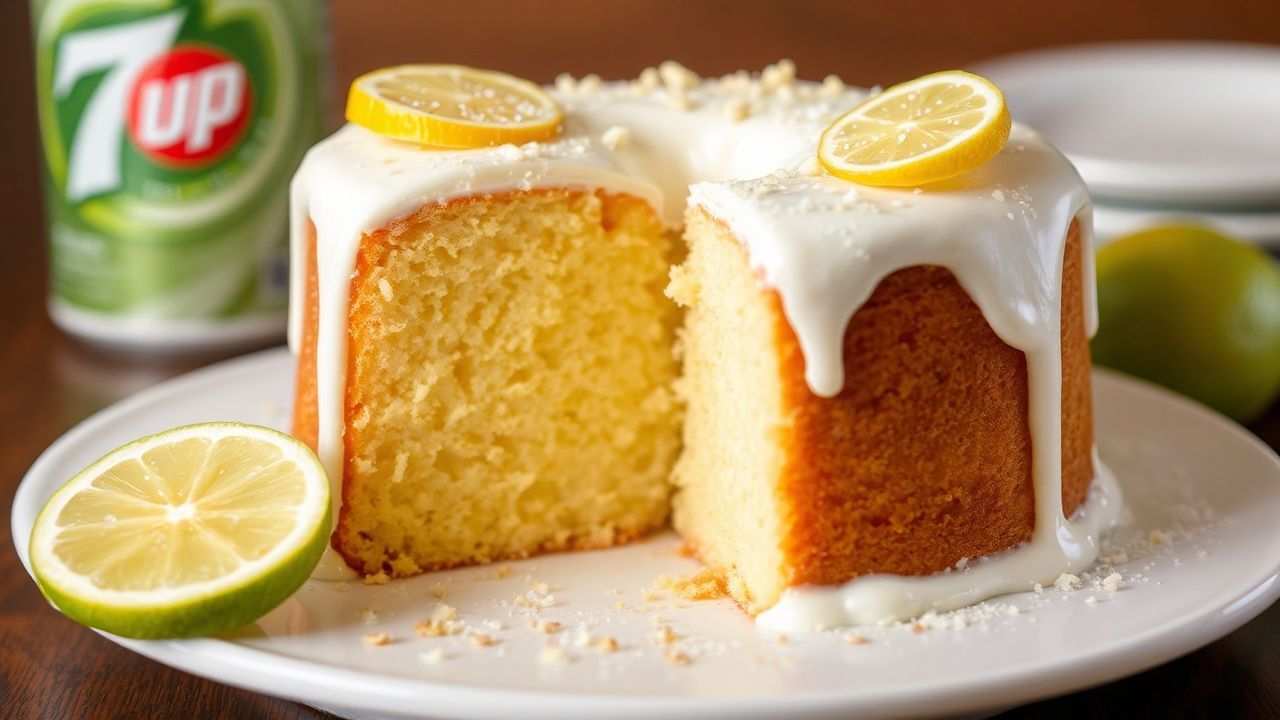 Zesty 7-Up pound cake with sparkling citrus glaze, golden crumb, and fresh lemon slices.