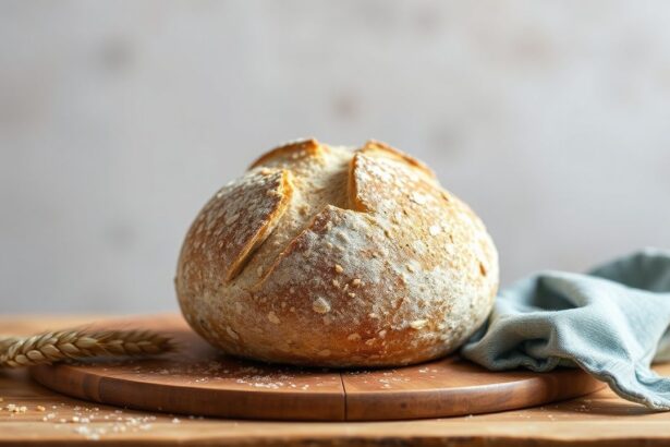 خبز إيكورن حِرَفي بطبقة ذهبية وشقوق سطحية، ينقل جمال الحبوب المفردة المتقنة.