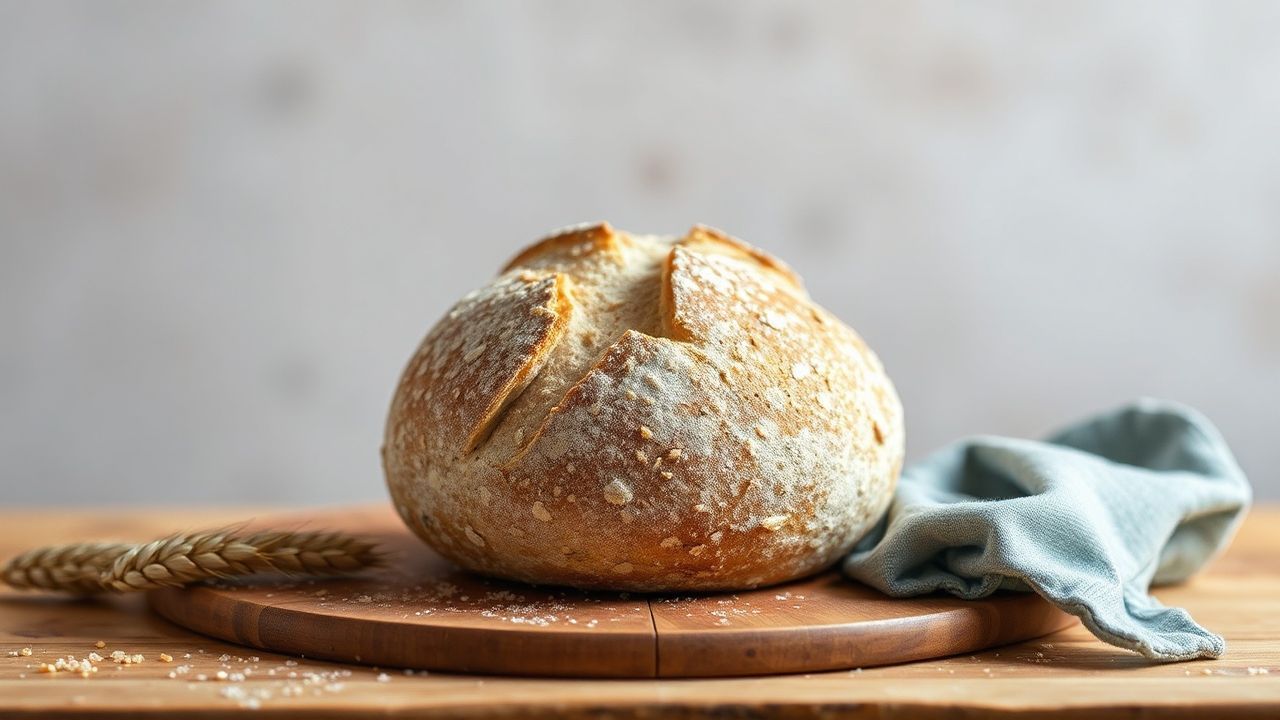 خبز إيكورن حِرَفي بطبقة ذهبية وشقوق سطحية، ينقل جمال الحبوب المفردة المتقنة.