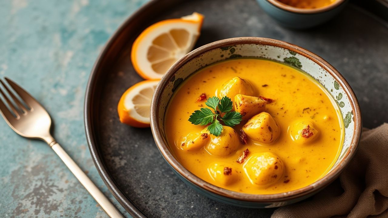 طبق كاري تايلندي أصفر نباتي كريمي بالبطاطس الذهبية، لمسة ذهبية دافئة شهية