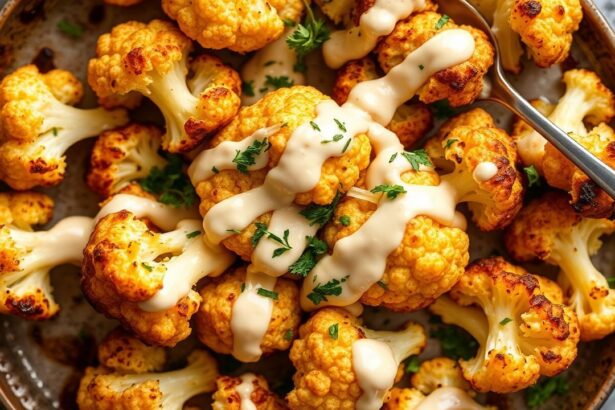 طبق قرنبيط محمّص ذهبي مع رشّة طحينة كريمية في سطح دافئ، Golden Roasted Cauliflower مع Creamy Tahini Drizzle Delight