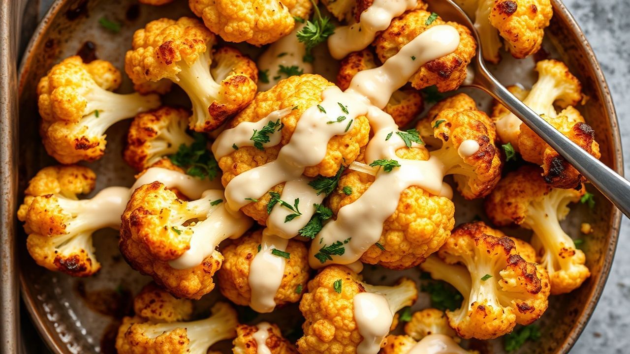 طبق قرنبيط محمّص ذهبي مع رشّة طحينة كريمية في سطح دافئ، Golden Roasted Cauliflower مع Creamy Tahini Drizzle Delight