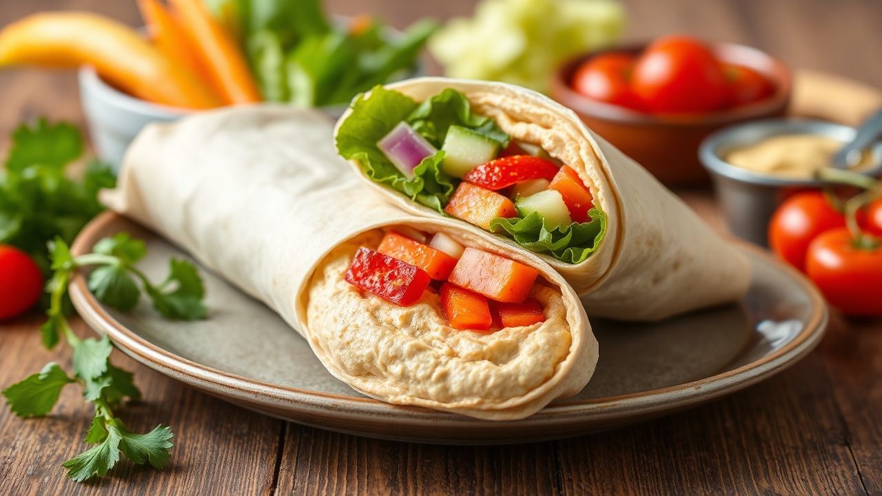 لفائف خضار متوسطية طازجة مع حمص كريمي، صحية وسهلة وسريعة (Fresh Mediterranean Veggie & Hummus Wraps)