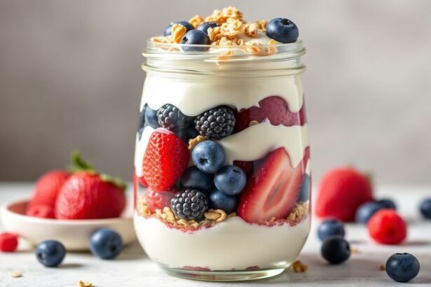 كأس زبادي توت ملون مع طبقات فاكهة صحية، يمنح نكهة منعشة وعافية.