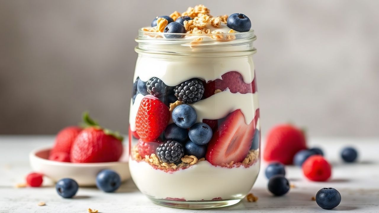 كأس زبادي توت ملون مع طبقات فاكهة صحية، يمنح نكهة منعشة وعافية.