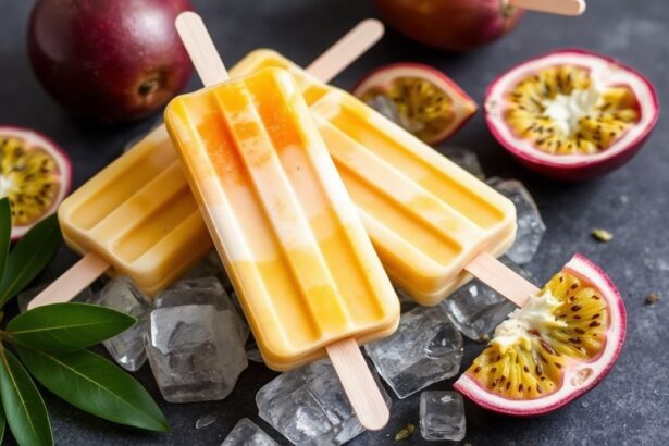 مصاصات جوز الهند والفاكهة الشغفية الاستوائية مع طبقة باردة كريمية شهية