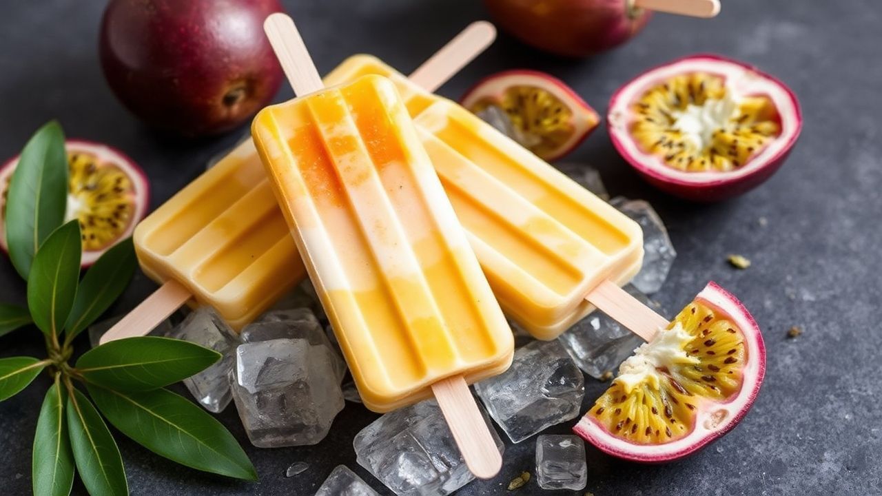 مصاصات جوز الهند والفاكهة الشغفية الاستوائية مع طبقة باردة كريمية شهية