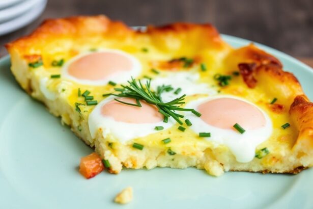 Hearty potato & herb frittata slice on plate, golden, rustic morning brunch.