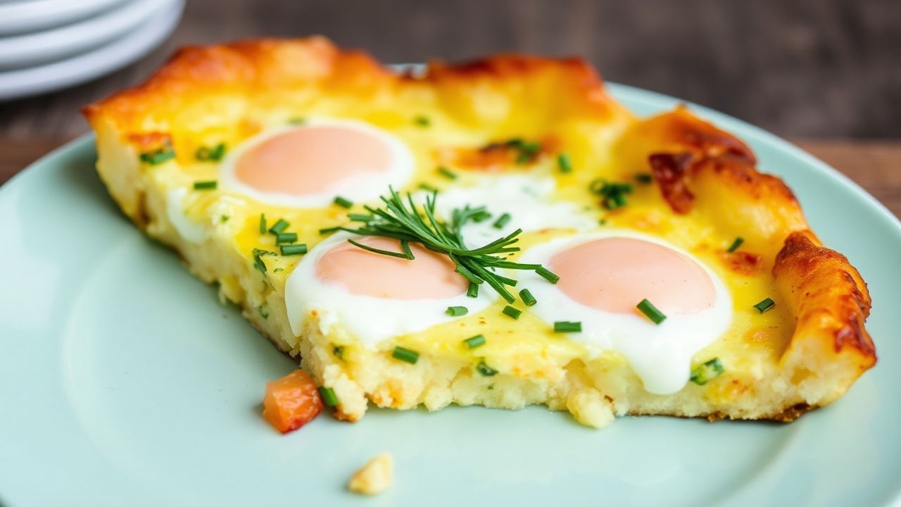 Hearty potato & herb frittata slice on plate, golden, rustic morning brunch.