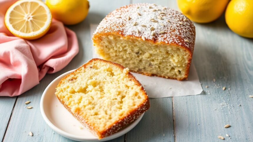Gluten-Free Lemon poppy seed cake with zesty glaze and delicate crumbs on a rustic plate.