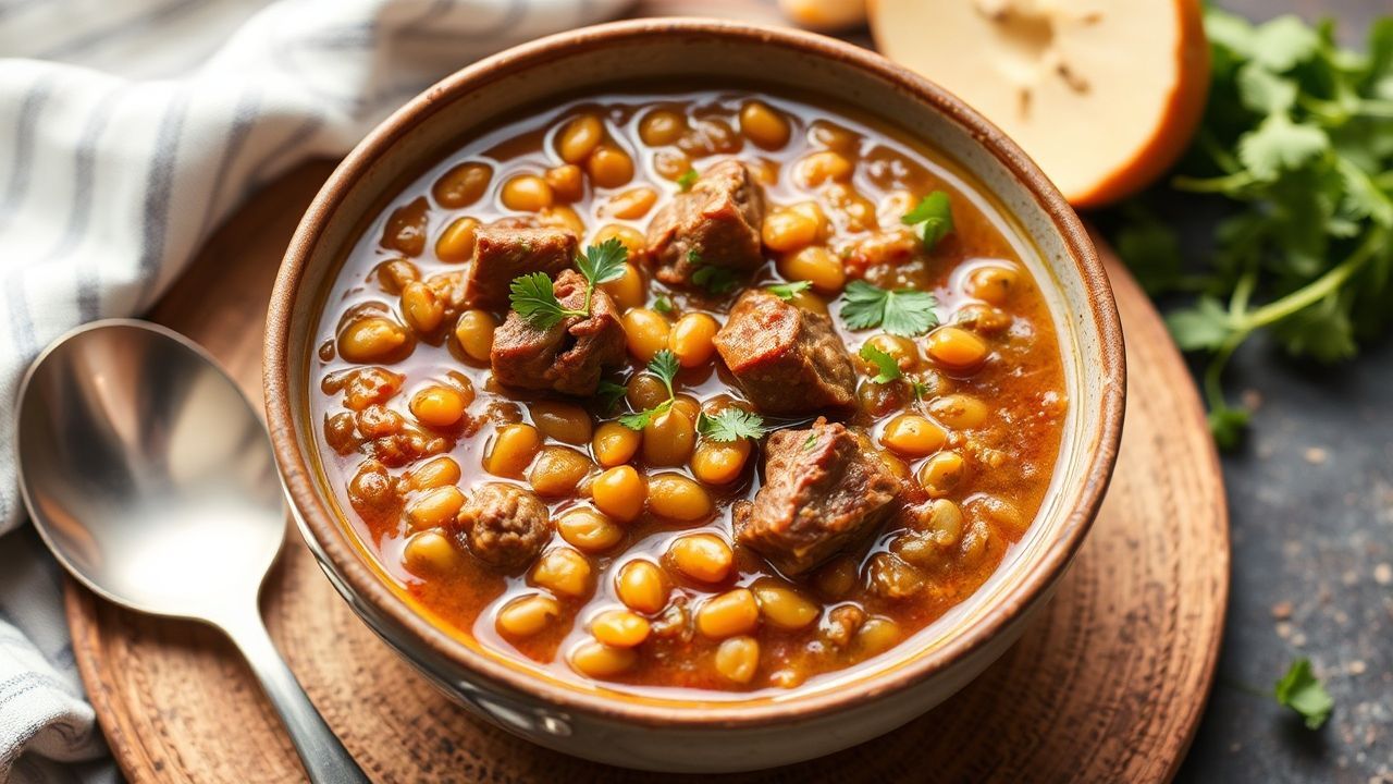طبق يُظهر وصفة شوربة لحم بقر وعدس لذيذة، قوة بروتين عالية وعناصر غذائية غنية