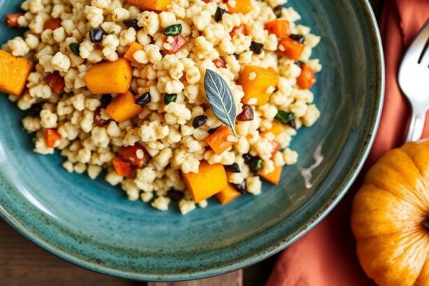 حبيبات لؤلؤية من الكينوا مع قرع مشوي ومريمية، أجواء الخريف.