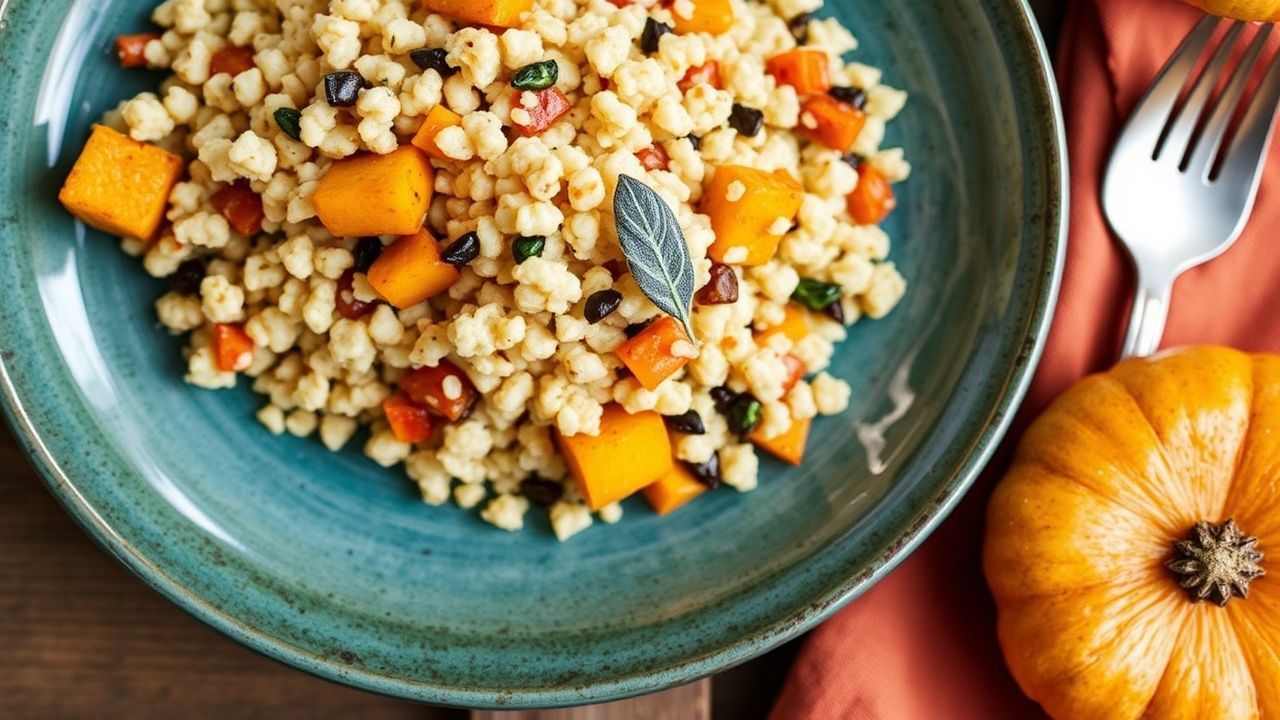 حبيبات لؤلؤية من الكينوا مع قرع مشوي ومريمية، أجواء الخريف.