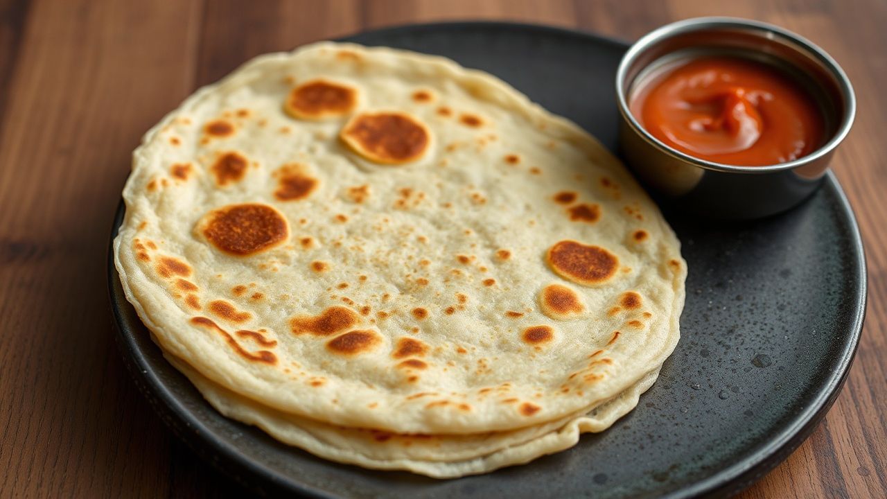 Roti canai طبقات مقرمشة ومطحونة، مشوية على صينية ساخنة، تبرز فن الطهي المتقن