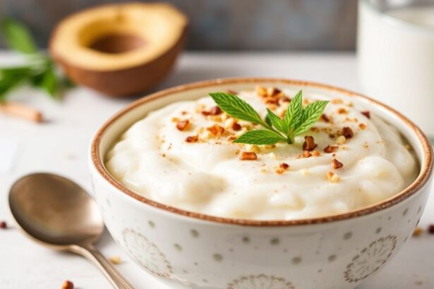 بودينغ الأرز الكريمي بجوز الهند والهيل، حلوى عربية لذيذة ومذاق غني.